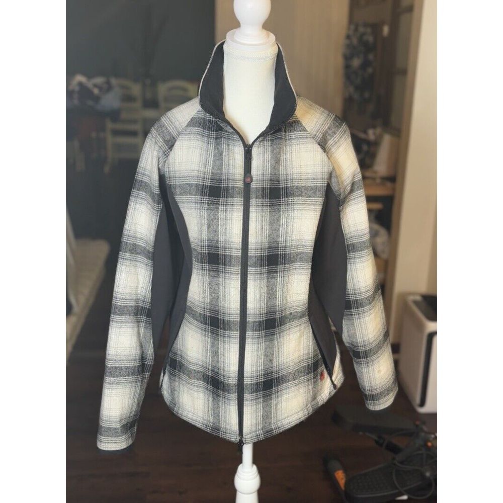 Woolrich‎ Jacket  Plaid Coat Wool Blend Medium Logo Full Zip Black Winter